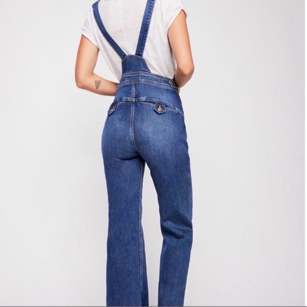FREE PEOPLE Alvin Flared Overall Y2K Retro Raw Hem Denim Blue Size 28 - Picture 15 of 15